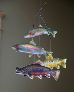 Trout Mobile. Five beautiful trout swim suspended from the mobile.